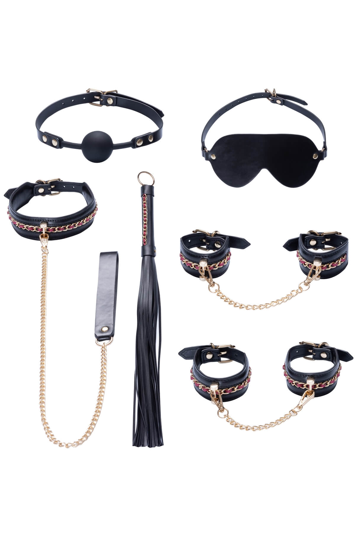 Set BDSM de lux Obey Me cu 6 accesorii erotice - din piele vegană culoare neagra și mov cu accesorii metalice - în detaliu