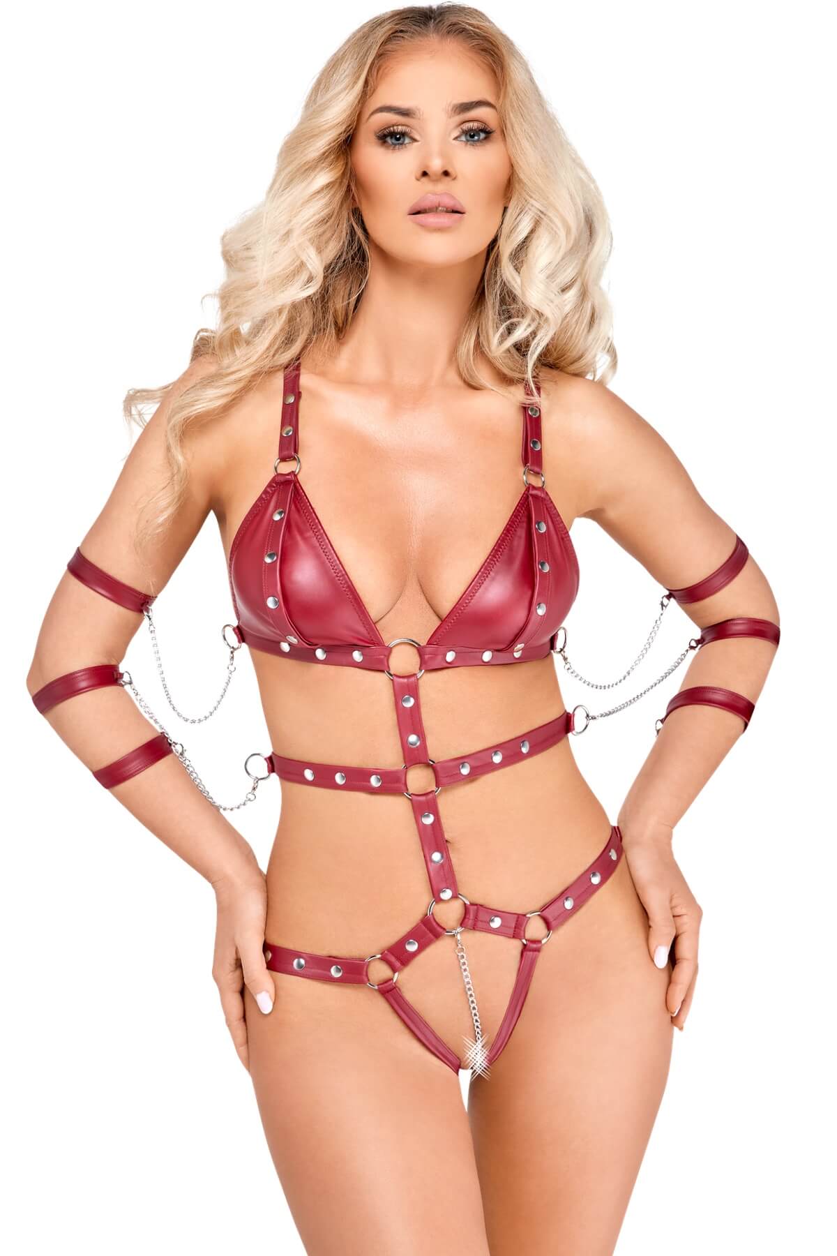 Body erotic BDSM din piele vegană Strapped for Sin - cu lanțuri, cupe cu capse și 6 cătușe detașabile 1