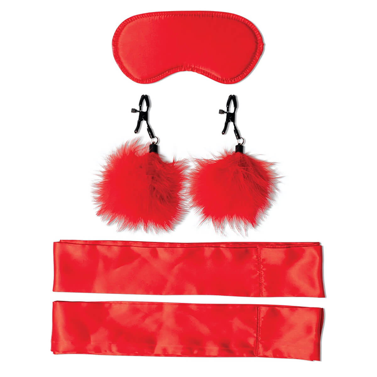 Set BDSM pentru incepatori Amor Bondage Beginner Kit, Rosu - masca, cleste pentru sfarcuri, legaturi maini din satin