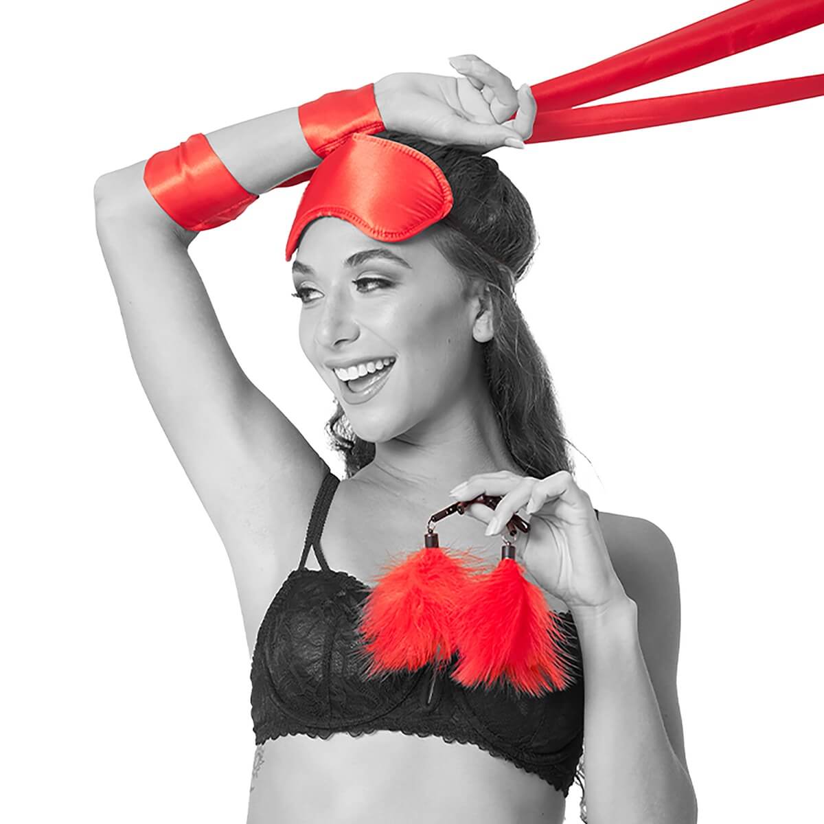 Set BDSM pentru incepatori Amor Bondage Beginner Kit, Rosu - masca, clest pentru sfarcuri, legaturi maini  satinate