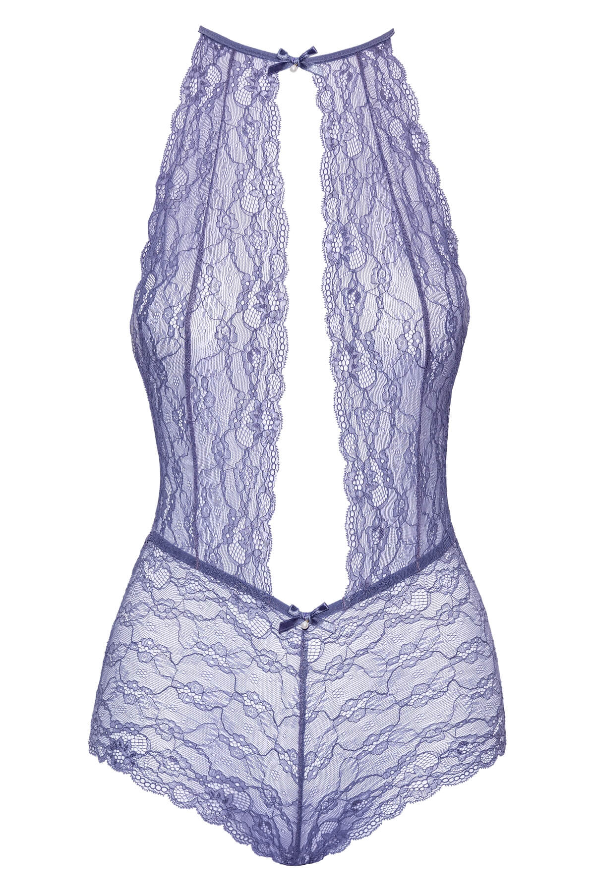 Body senzual din dantela de culoare mov lavanda - model decupat in fata si in spate Isolde - ghost front