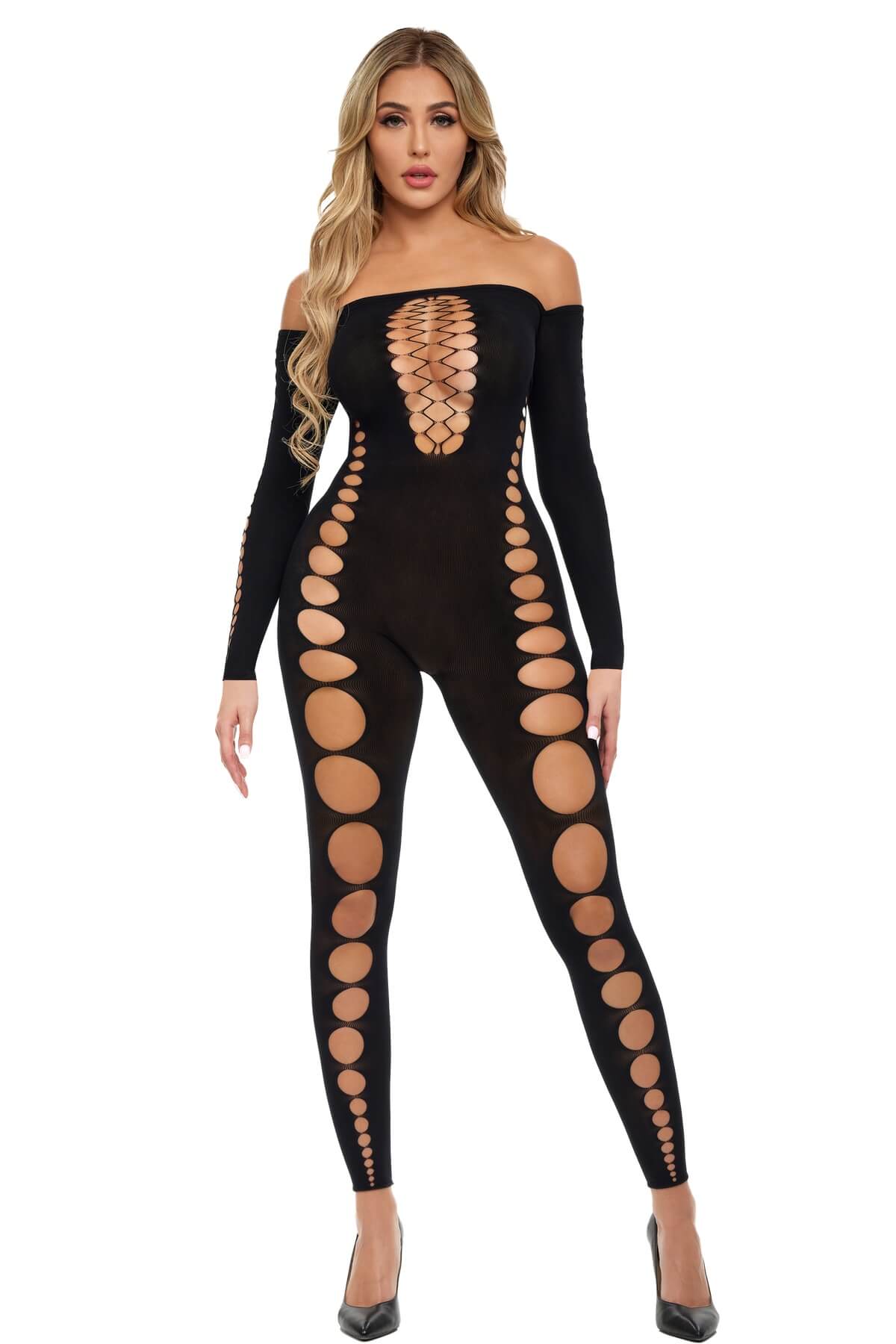 Catsuit din plasa elastica cu decupaje si umerii goi Boujee Gang, Negru - front