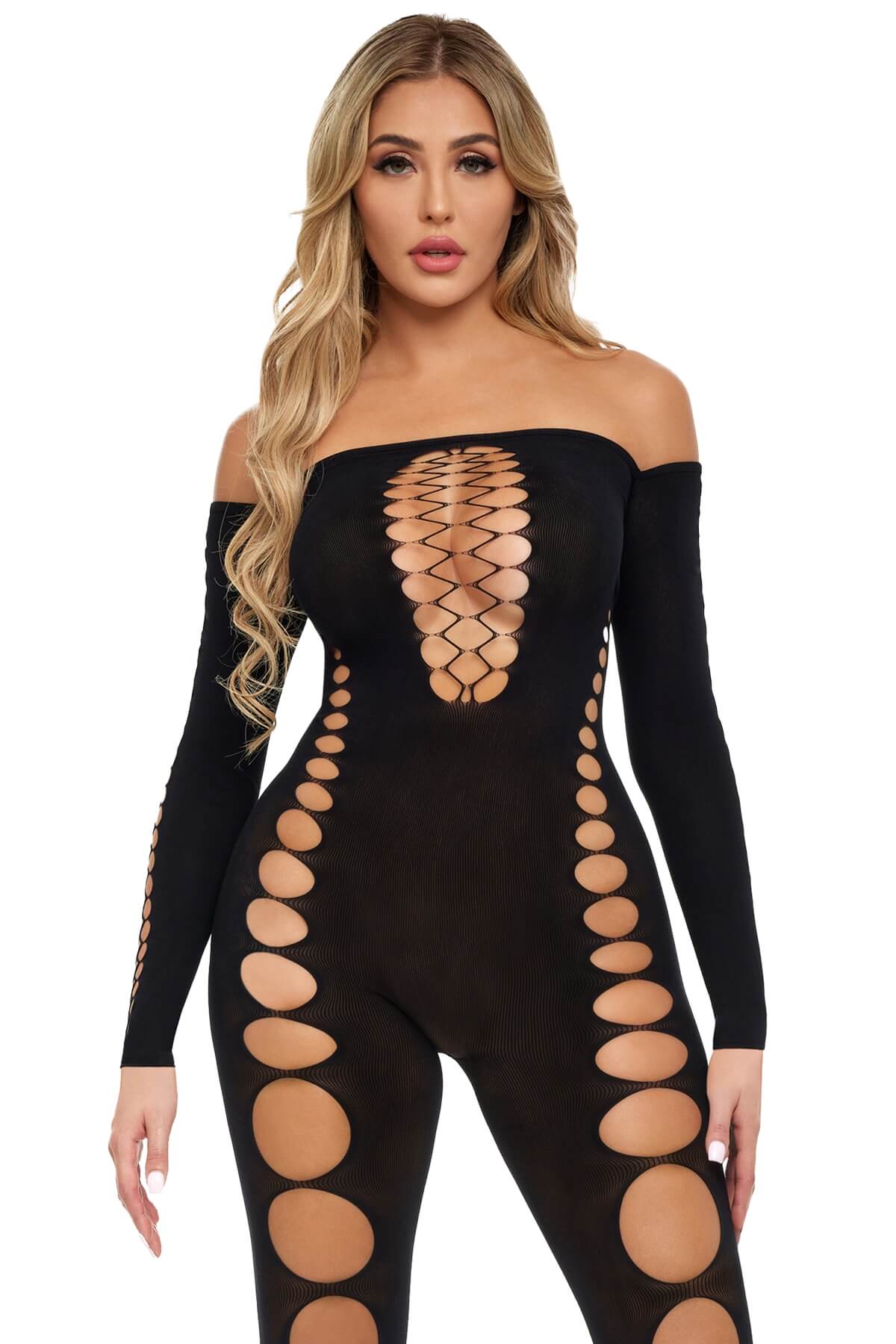 Catsuit din plasa elastica cu decupaje si umerii goi Boujee Gang, Negru