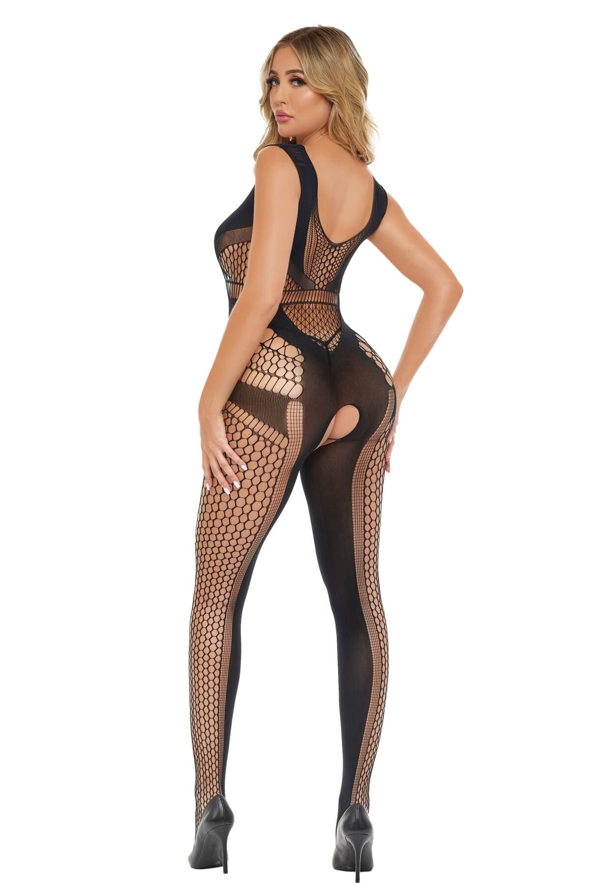 Bodystocking crotchless Catch Feelings, Negru - back