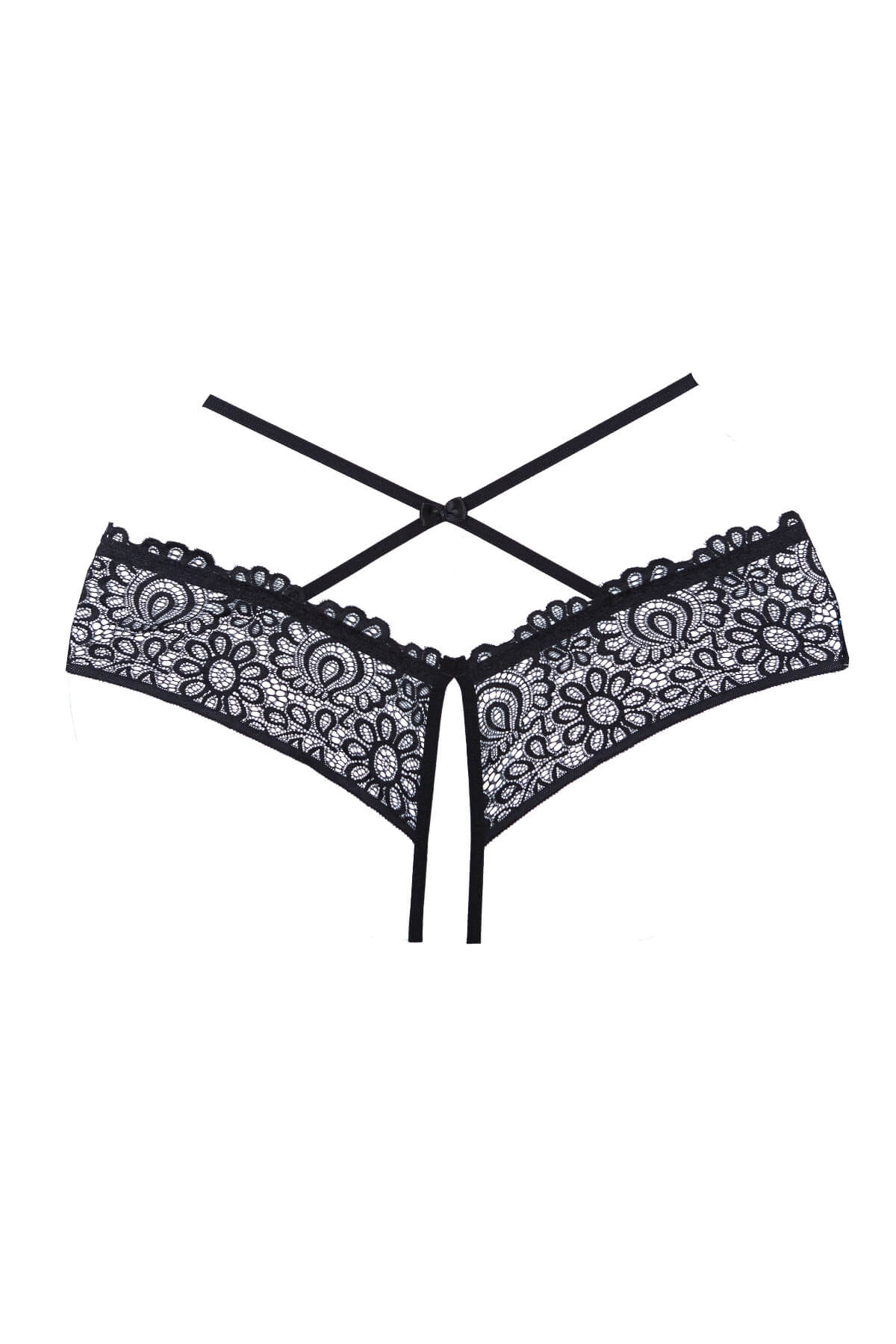 Chilot sexy de dama fara crotch din dantela florala si bretele incrucisate Crayzee, Negru, Fata