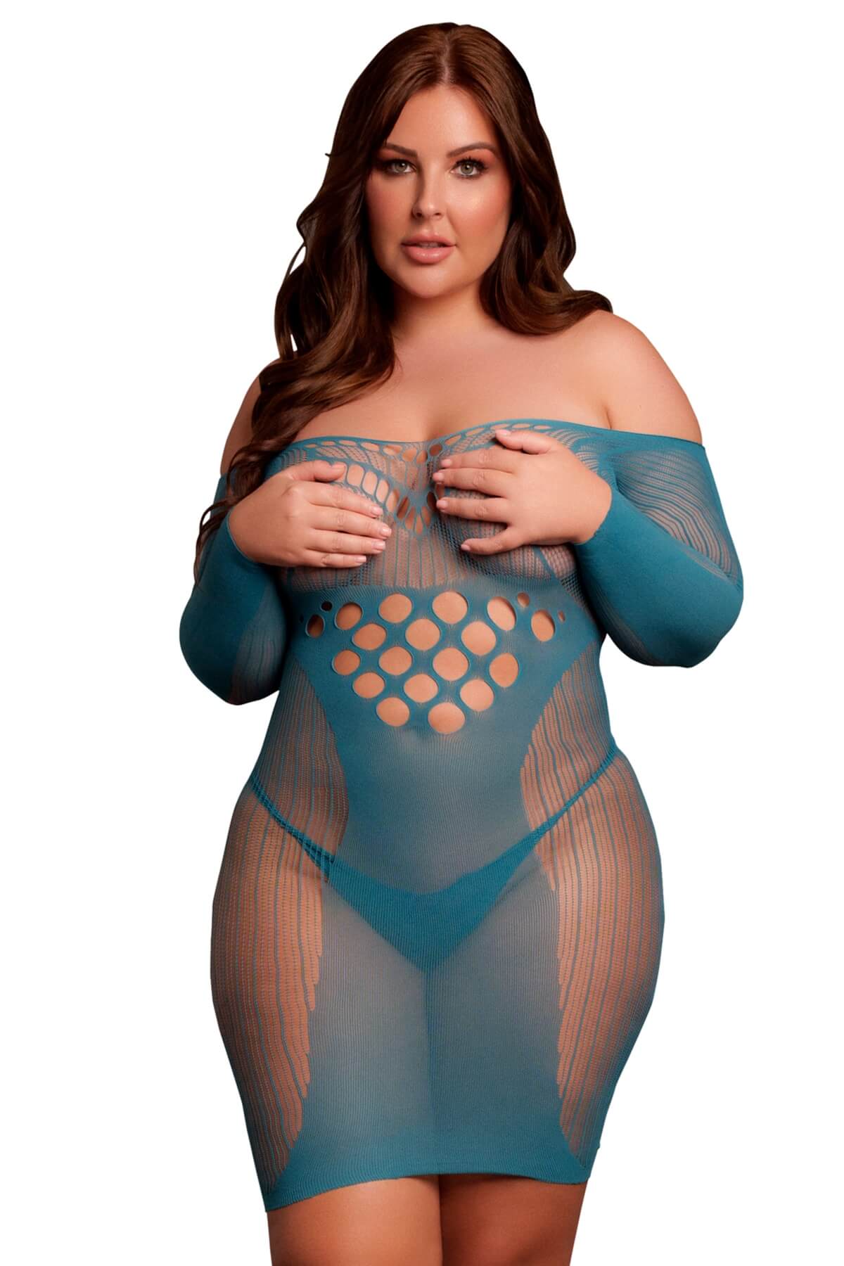 Rochita plus-size din plasa cu umeri goi si maneci lungi DES017 albastra