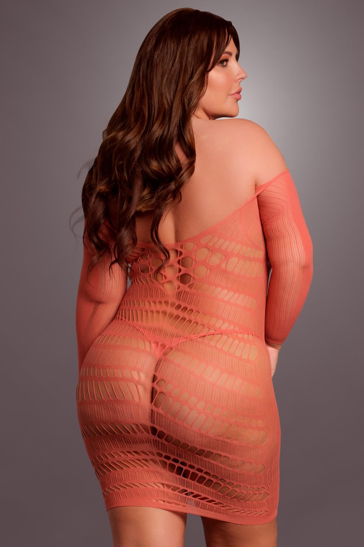 Rochita plus-size din plasa cu umeri goi si maneci lungi DES017 rosu - back