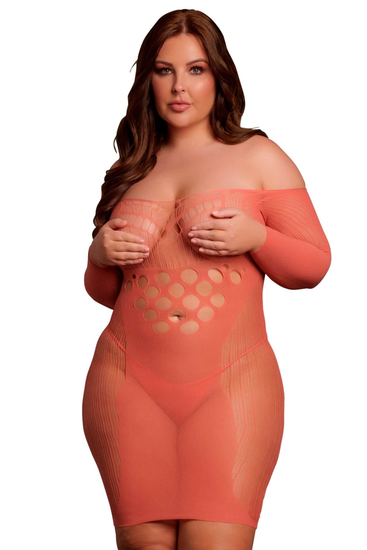 Rochita plus-size din plasa cu umeri goi si maneci lungi DES017 rosu