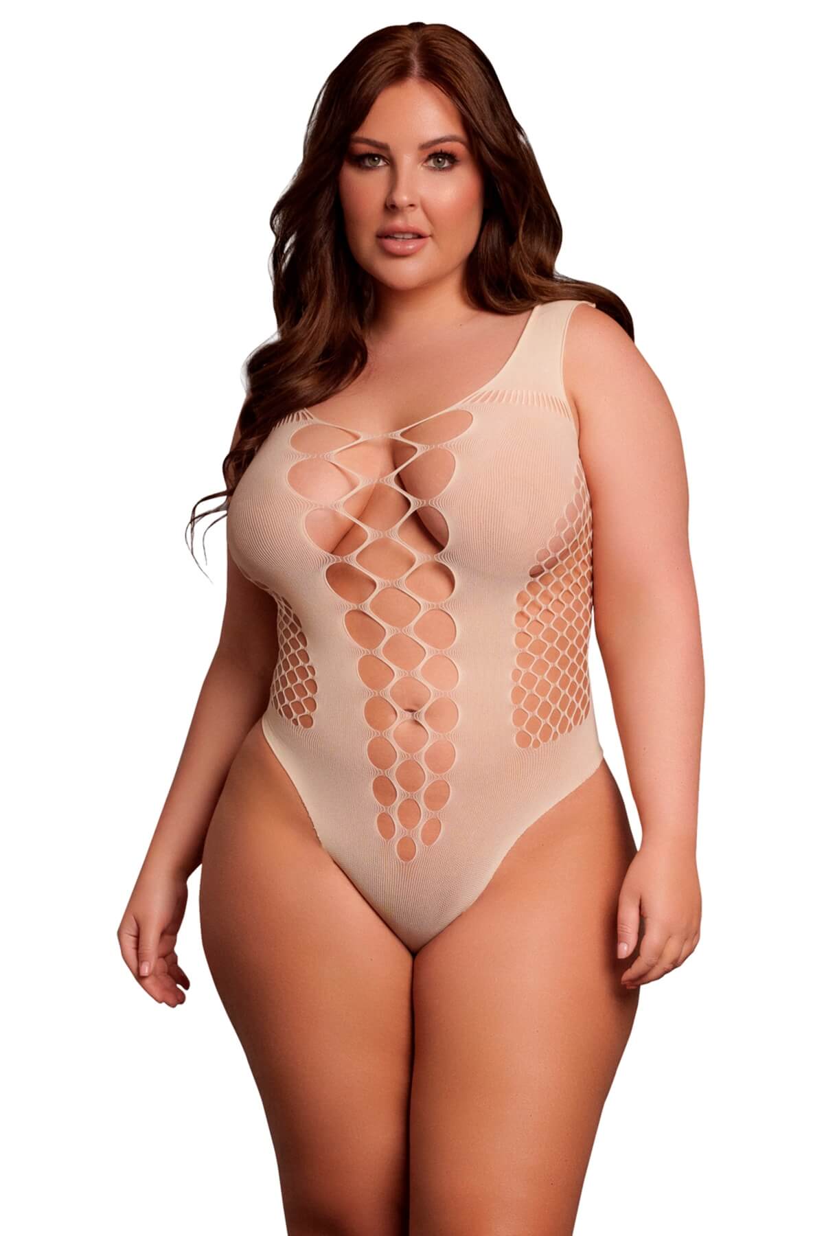 Body erotic plus-size din plasa cu decolteu DES019 beige