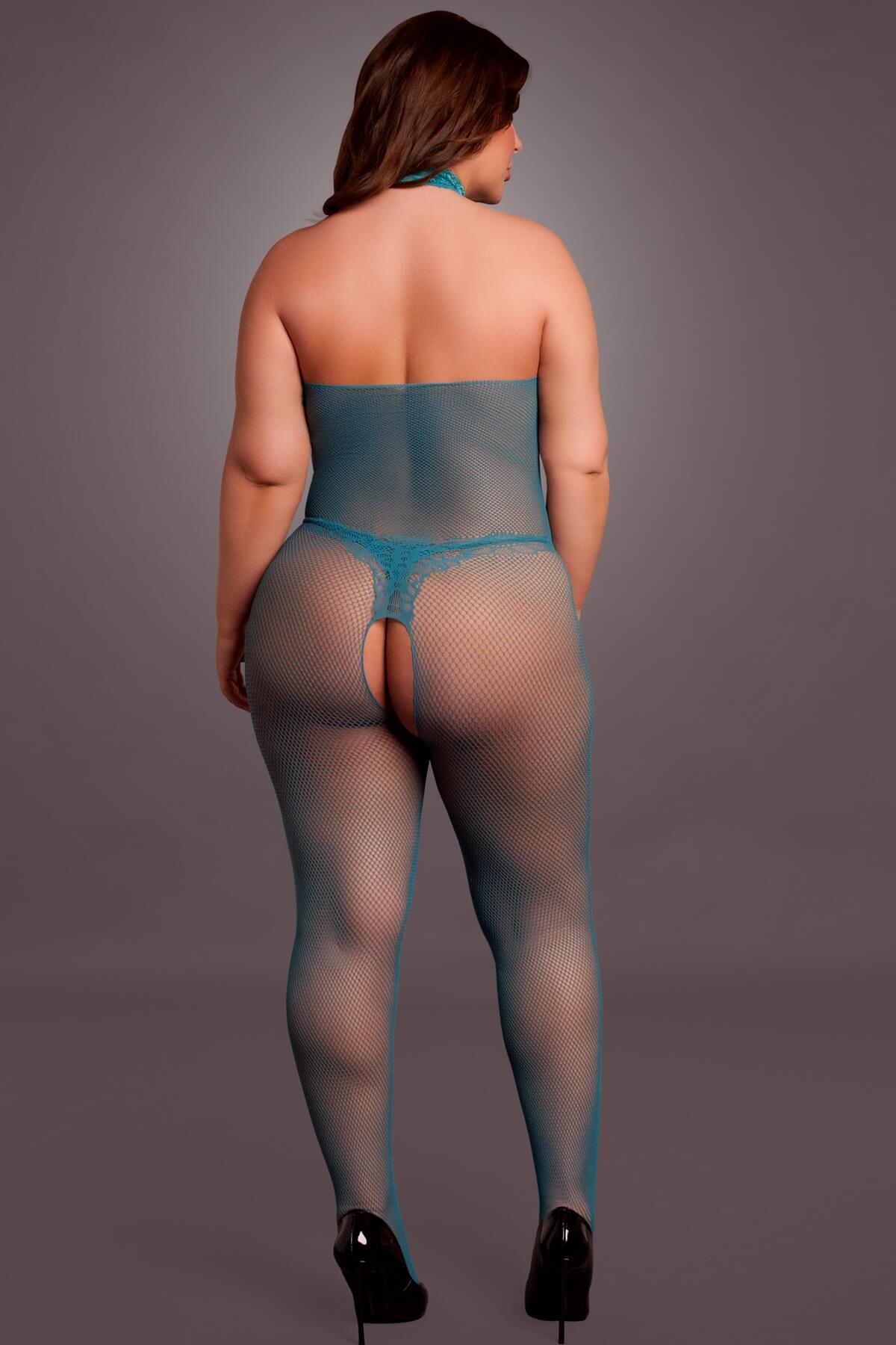 Bodystocking plus-size cu model pe gat din dantela si plasa DES026 albastru turcoaz - back