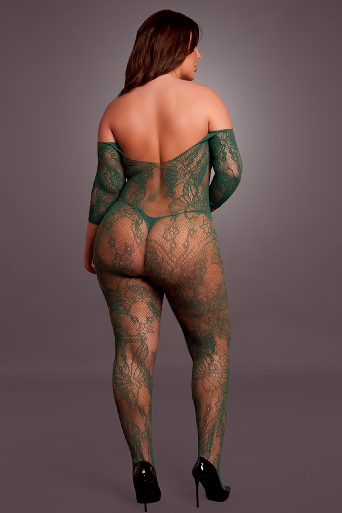 Catsuit plus-size din plasa florala cu maneci scurte si umerii goi DES033 verde khaki - back
