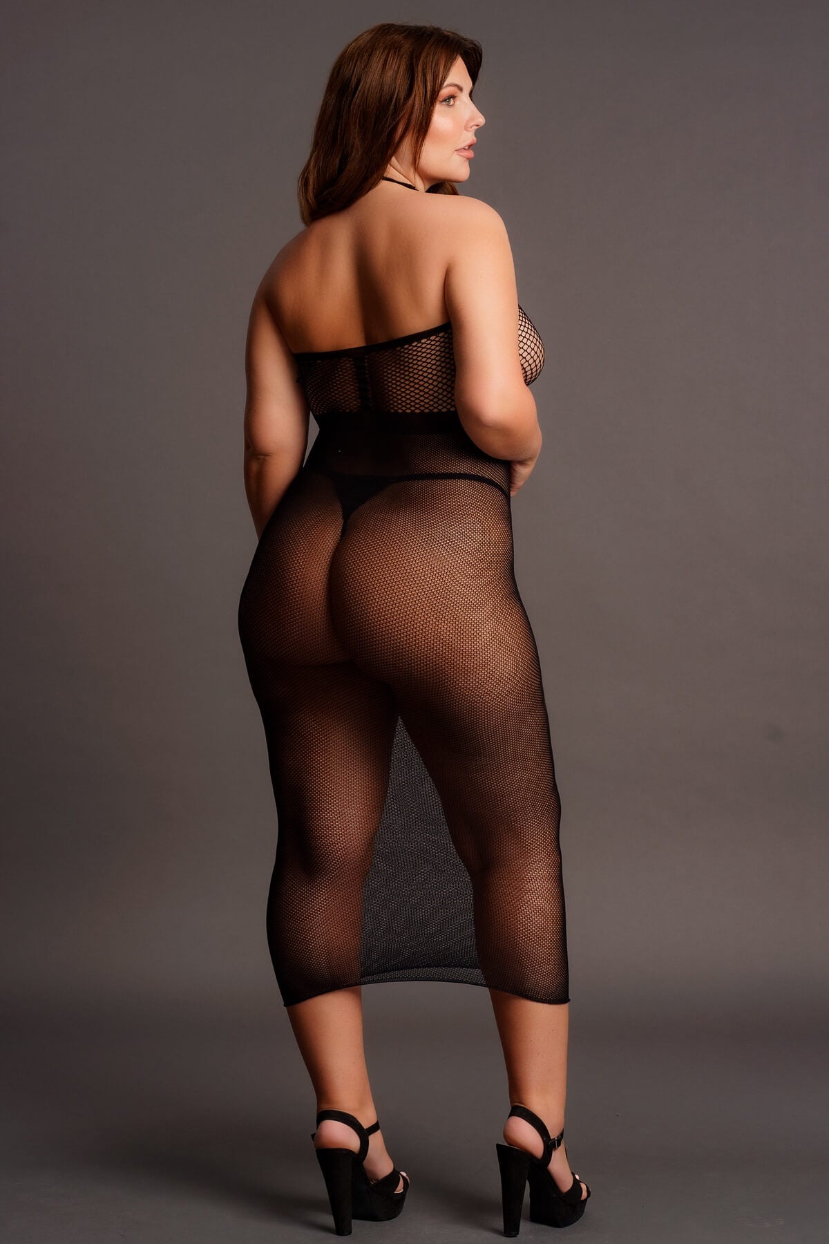 Rochie lunga plus-size din plasa fina cu guler inalt DES047, negru - back