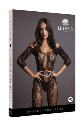 Lenjerie Catsuit Maneci Lungi din Plasa cu Model Floral