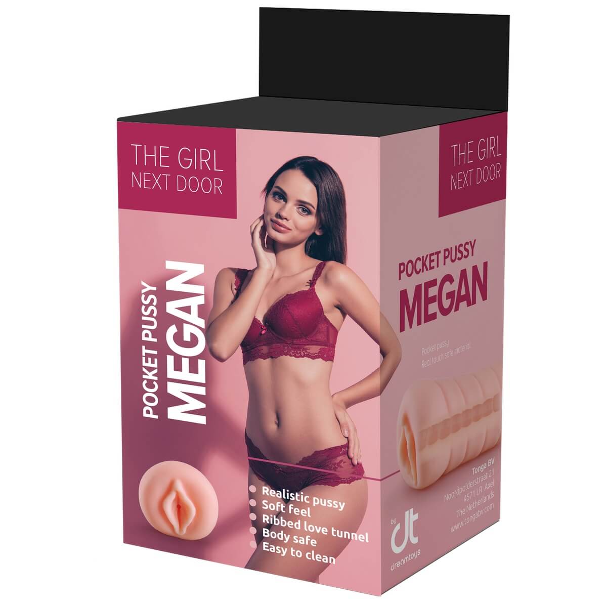 Masturbator compact pentru bărbați, material moale și tunel texturat pentru plăcere intensă. Megan Pocket Pussy – jucărie sexuală discretă și realistă - box