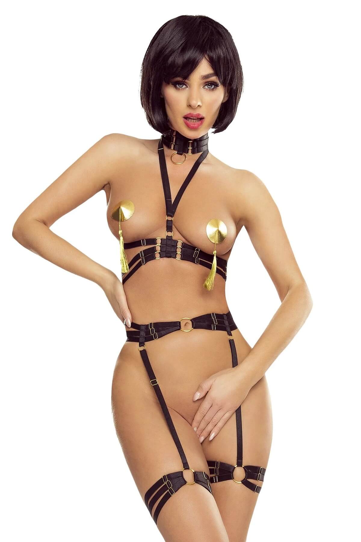 Set lenjerie erotica harness PR1630 cu jartiere negre si nipple covers aurii