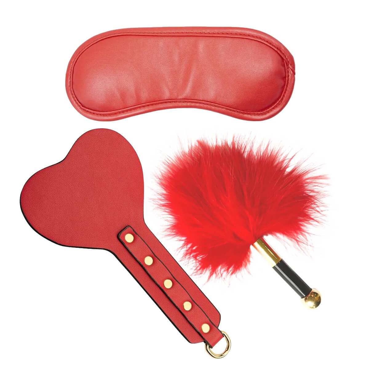Kit BDSM pentru incepatori 3 piese - Puf de Gadilat, Mini Paleta & Masca - Rosu