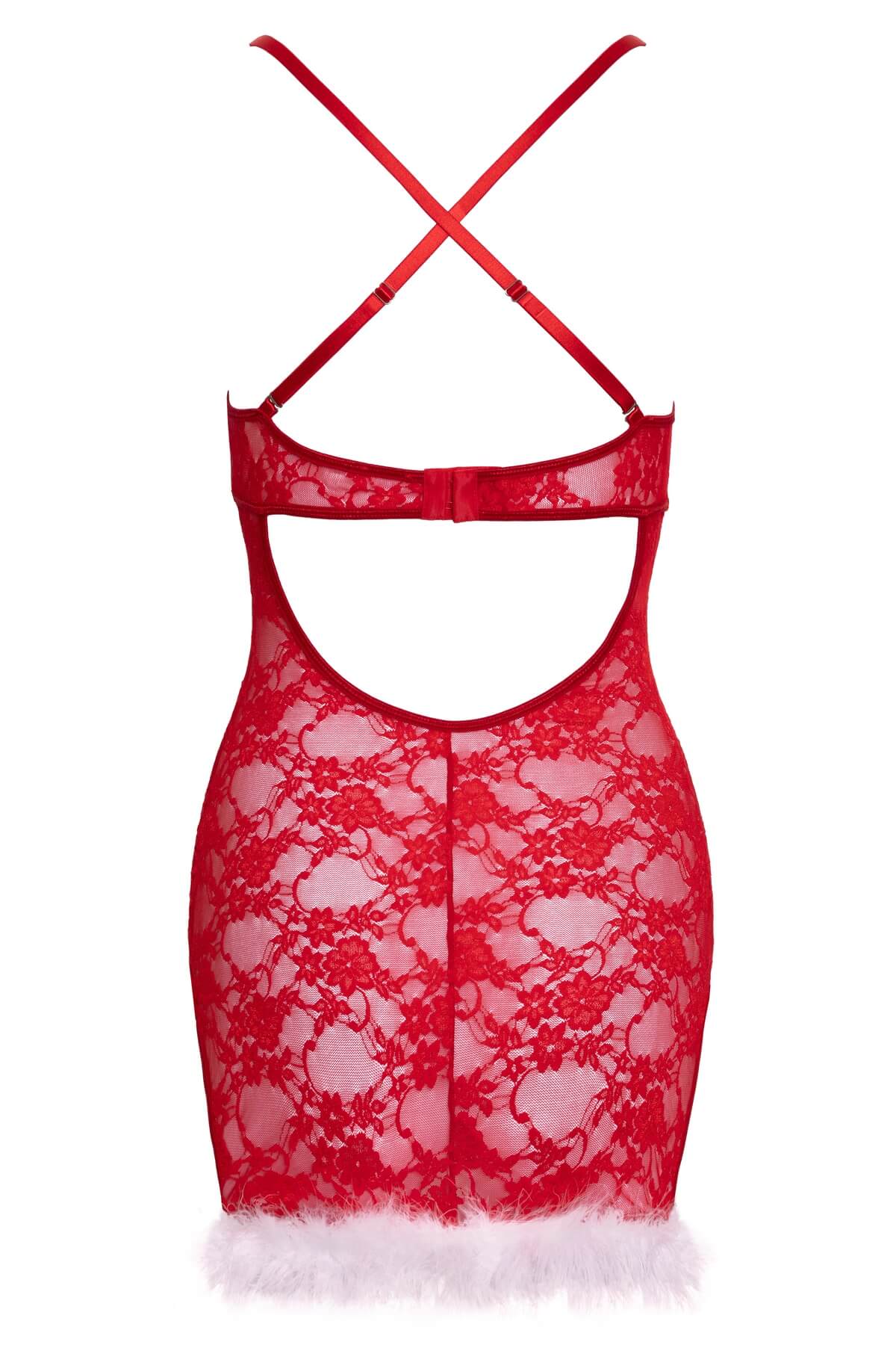 Costum craciunita sexy din dantela transparenta rosie cu pene albe, Rosu / Alb - doar produs spate