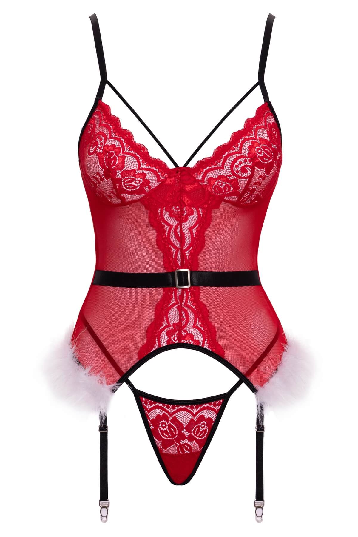 Set de craciunita sexy compus din 2 piese - corset cu portjartier si chilot string - din powernet rosu completat cu pene albe - articol din fata