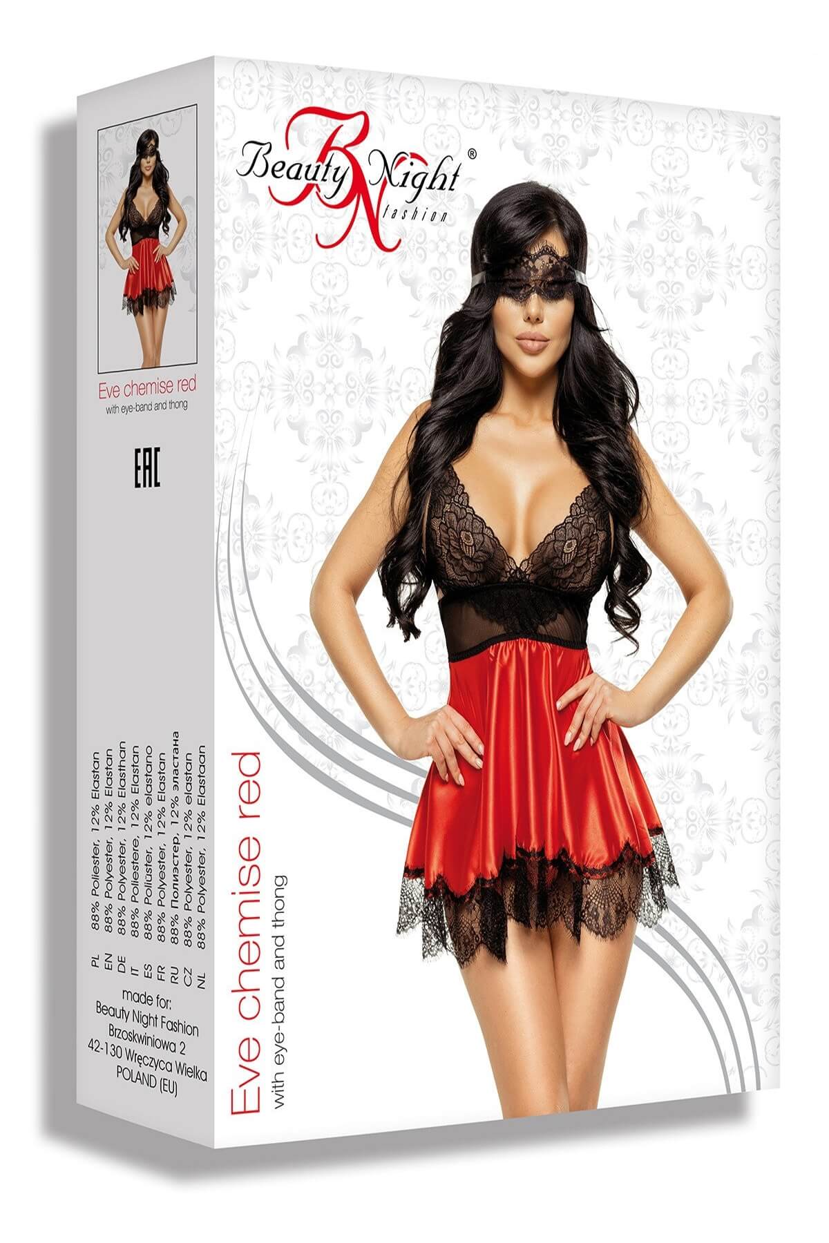 Babydoll Eve din Satin Rosu si Dantela Neagra