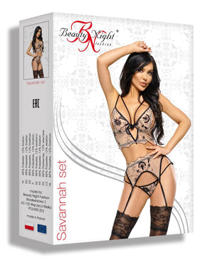 Set Lenjerie Dama Crem cu Dantela Neagra Savannah